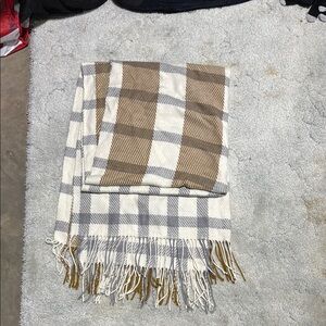 Plaid Fringe Shawl/Scarf in Cream and Brown